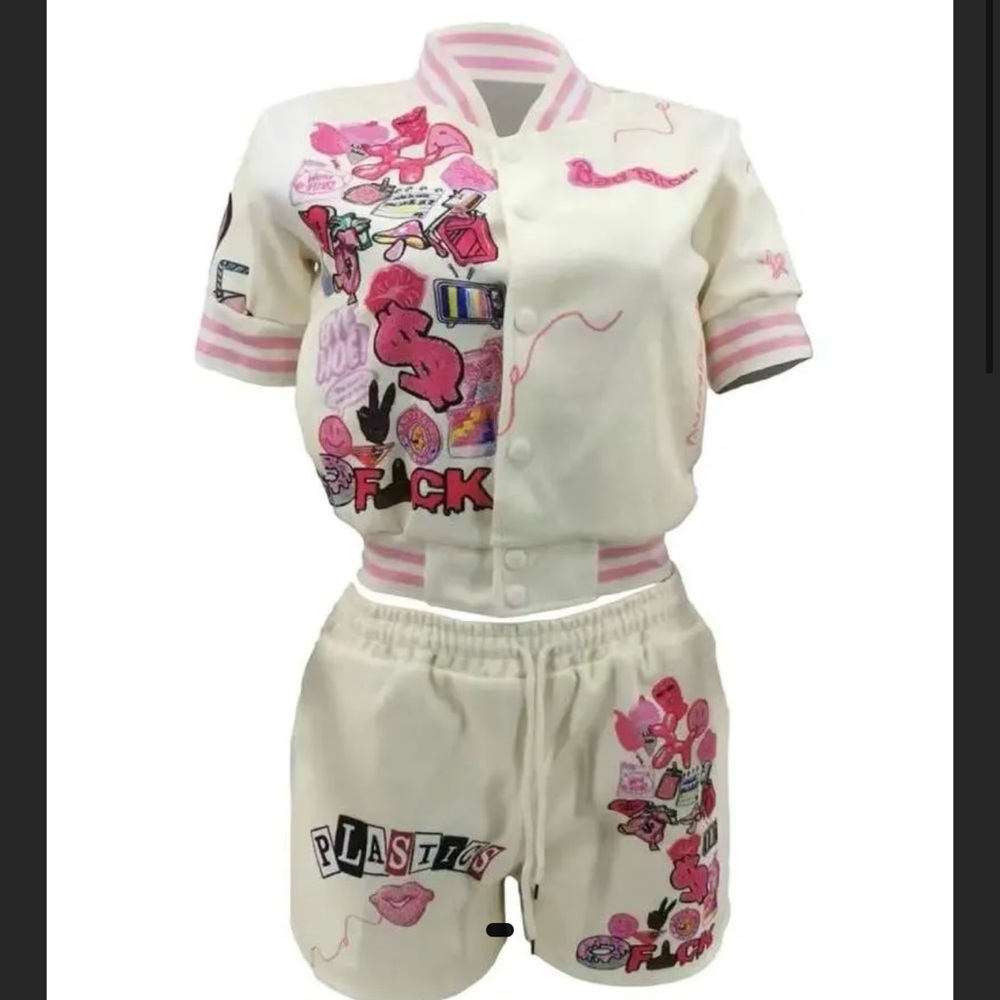 Pink and White Graphic Two-Piece Set